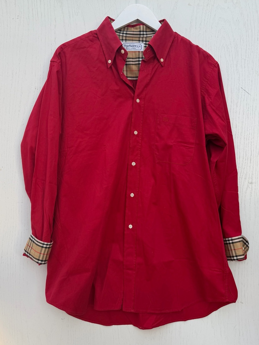 Burberrys of London Mens 42 Red Solid Woven Cotton Button-Down Shirt Pockets
